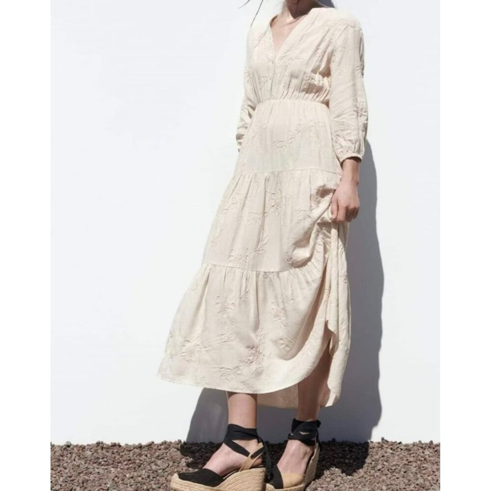 Zara Popover Tiered Midi Dress Embroidered V Neck Breathable Tan XL